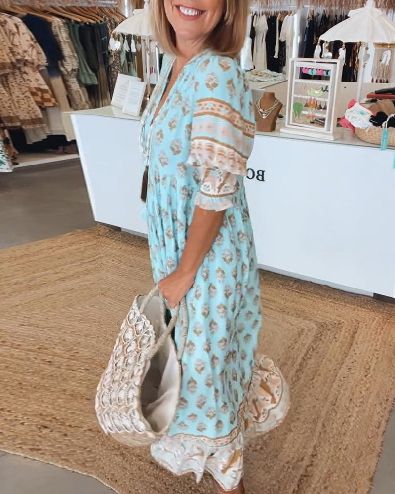 Elfriede | Damen Bedrucktes Midi-Kleid mit V-Ausschnitt - Elle Zürich