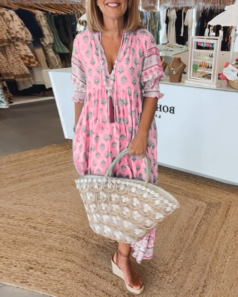 Elfriede | Damen Bedrucktes Midi-Kleid mit V-Ausschnitt - Elle Zürich