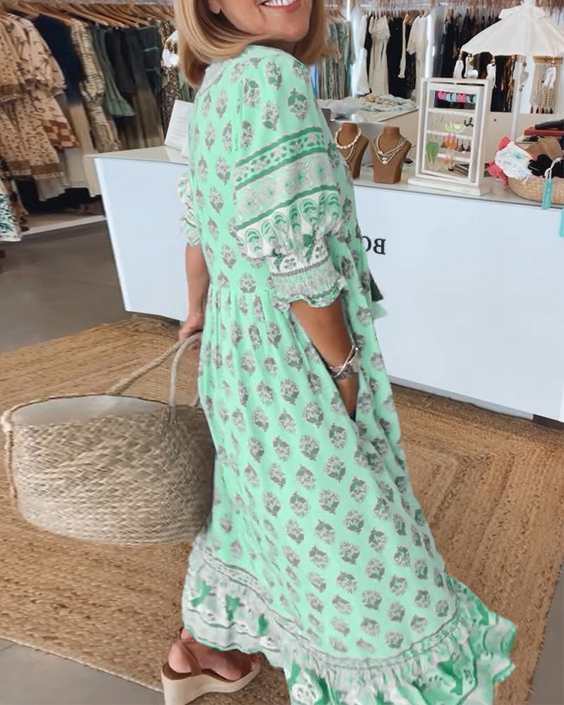 Elfriede | Damen Bedrucktes Midi-Kleid mit V-Ausschnitt - Elle Zürich
