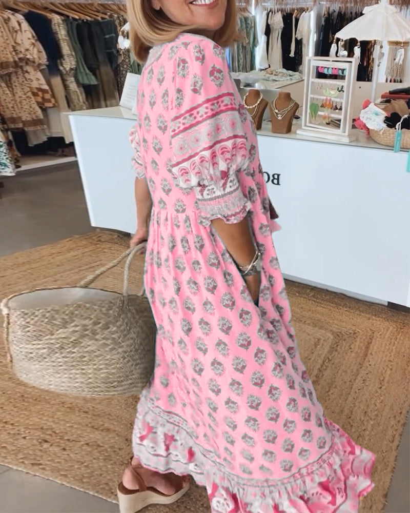 Elfriede | Damen Bedrucktes Midi-Kleid mit V-Ausschnitt - Elle Zürich