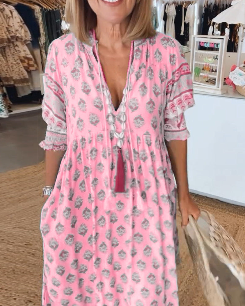 Elfriede | Damen Bedrucktes Midi-Kleid mit V-Ausschnitt - Elle Zürich
