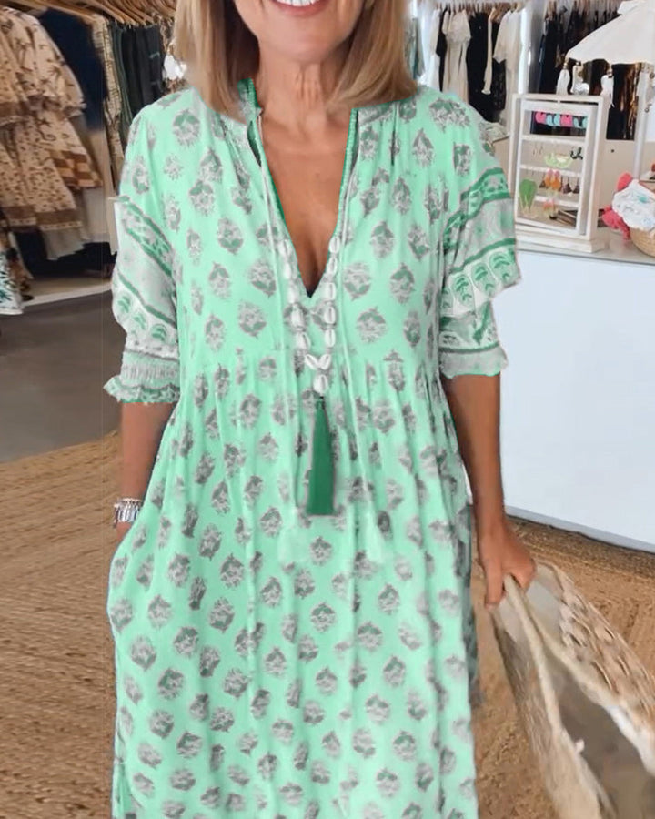 Elfriede | Damen Bedrucktes Midi-Kleid mit V-Ausschnitt - Elle Zürich