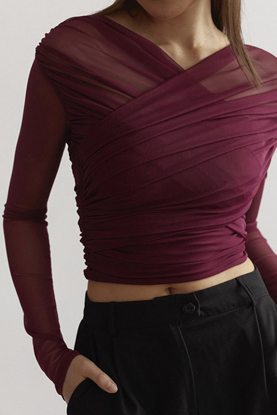 Susanne | Damen Mesh-Top mit Rüschen und langen Ärmeln - Elle Zürich