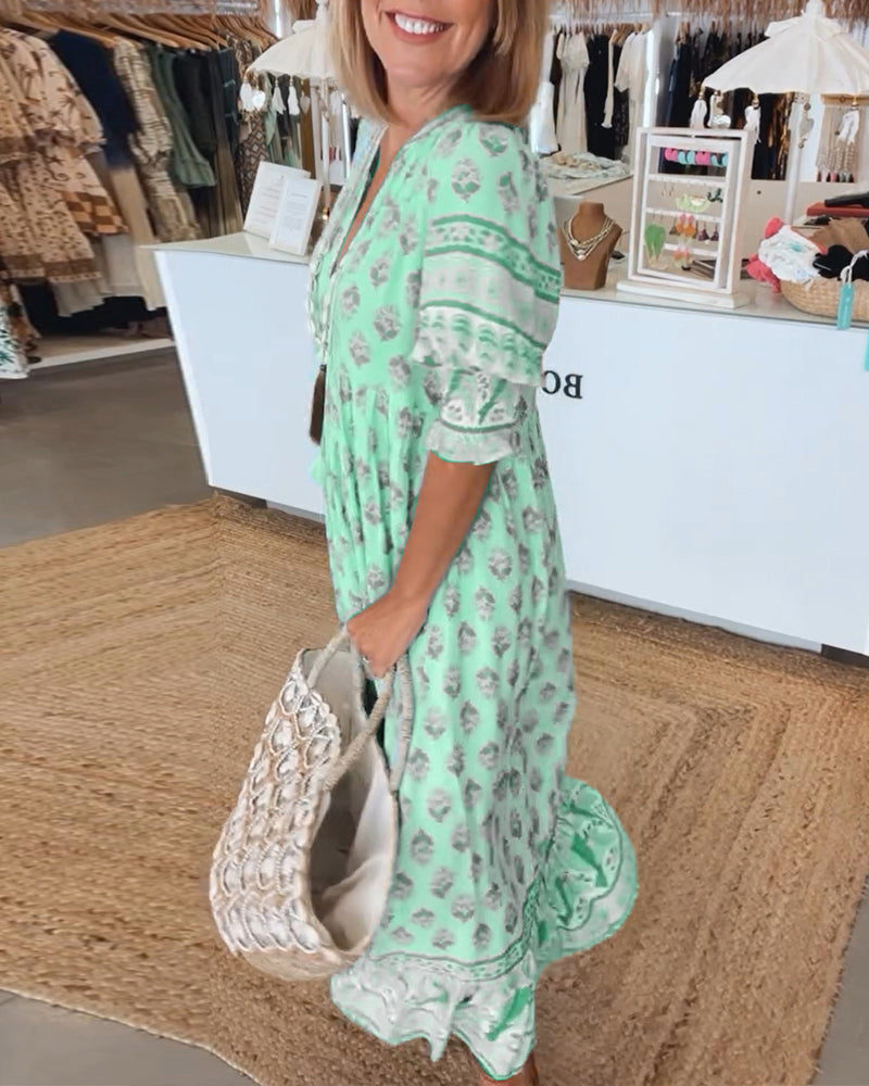 Elfriede | Damen Bedrucktes Midi-Kleid mit V-Ausschnitt - Elle Zürich