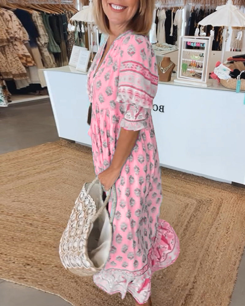 Elfriede | Damen Bedrucktes Midi-Kleid mit V-Ausschnitt - Elle Zürich