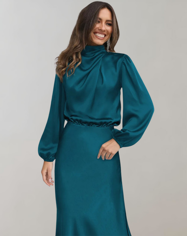 Anna | Damen Elegantes Satin Langarmkleid - Elle Zürich
