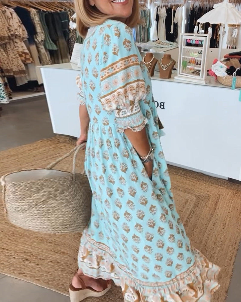 Elfriede | Damen Bedrucktes Midi-Kleid mit V-Ausschnitt - Elle Zürich