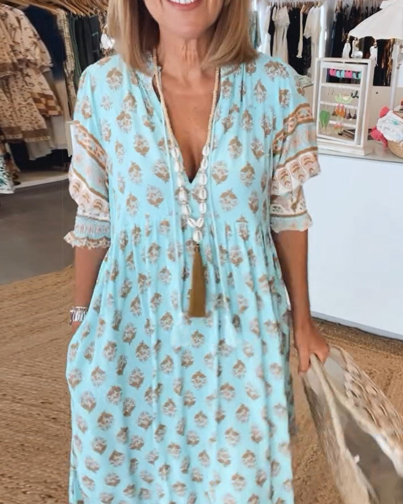 Elfriede | Damen Bedrucktes Midi-Kleid mit V-Ausschnitt - Elle Zürich