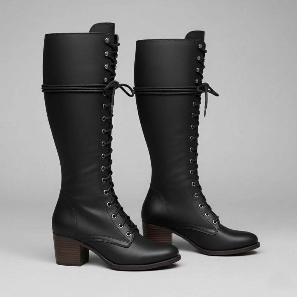 Anja | Damen Kniehohe Stiefel Zum Schnüren Mit Blockabsatz - Elle Zürich