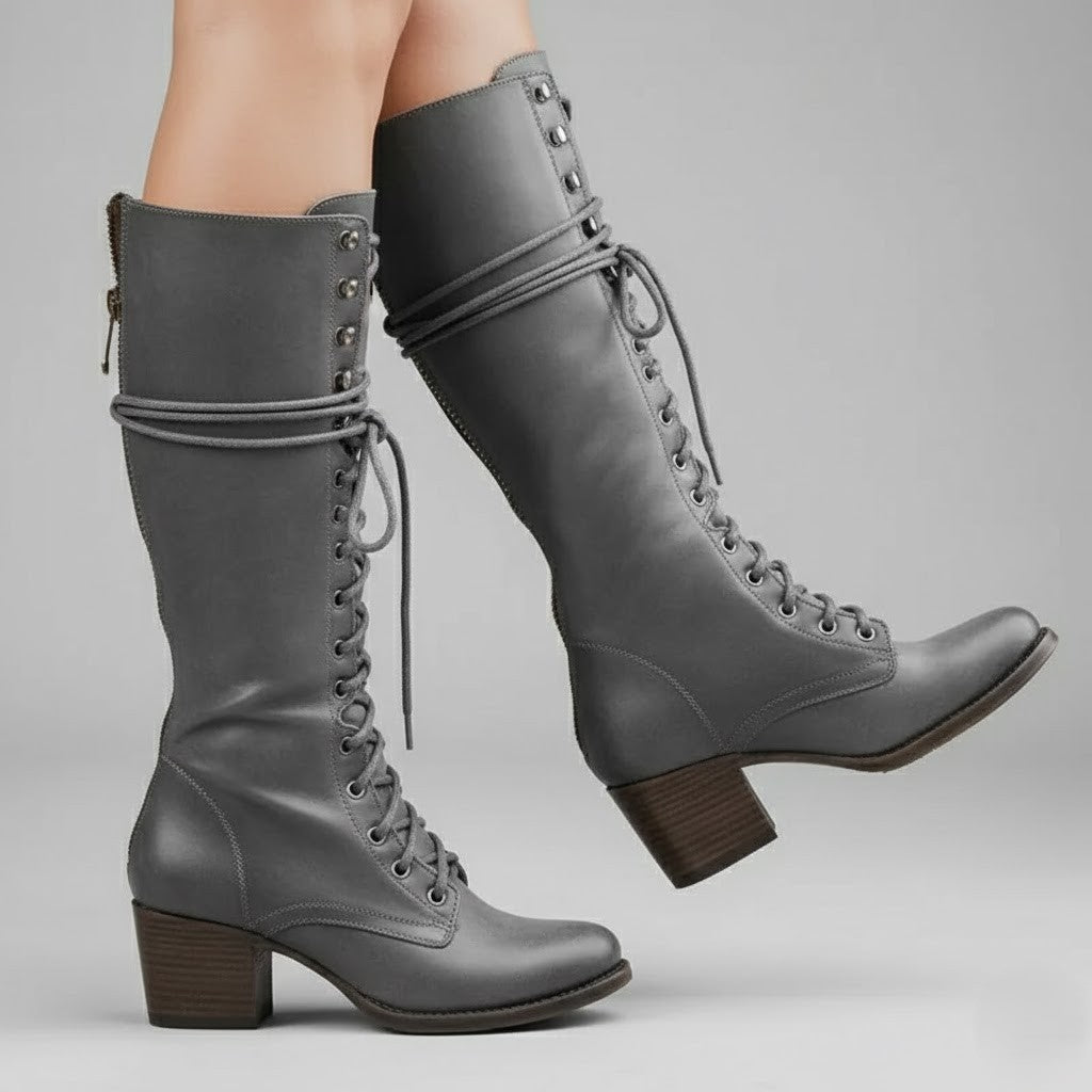 Anja | Damen Kniehohe Stiefel Zum Schnüren Mit Blockabsatz - Elle Zürich