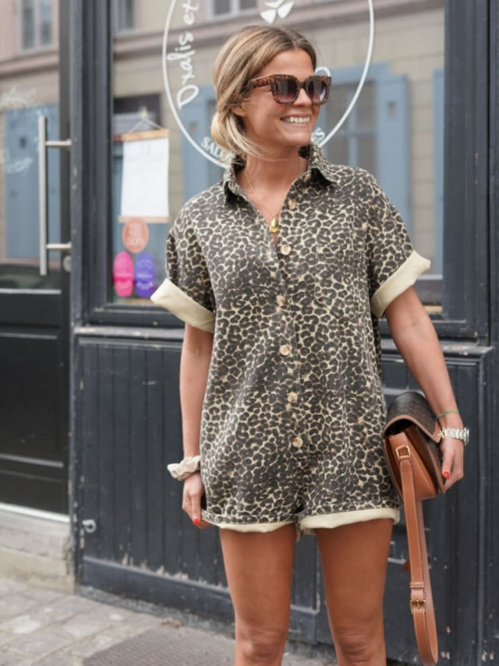 Sandra | Damen Leopard Print Casual Shirt Romper - Elle Zürich