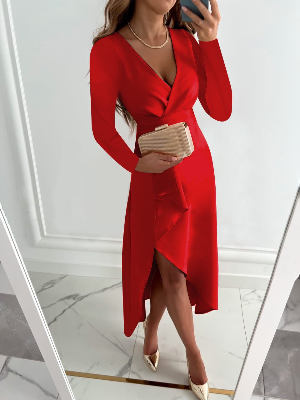 Ava | Women’s V Neck Sheath Midi Dress Slit - Elle Zürich