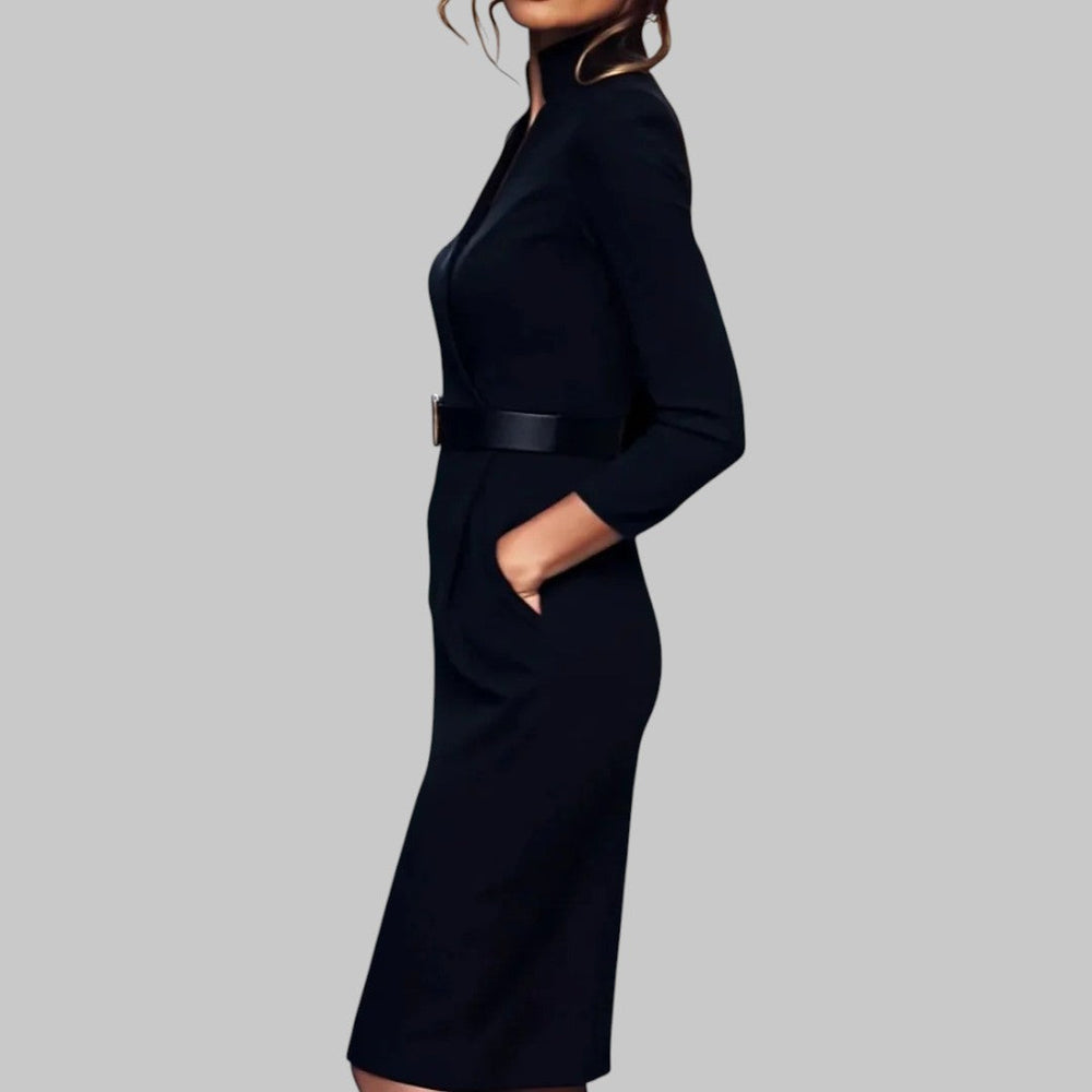 Birgit | Damen Midi-Kleid mit langen Ärmeln und Taillengürtel - Elle Zürich