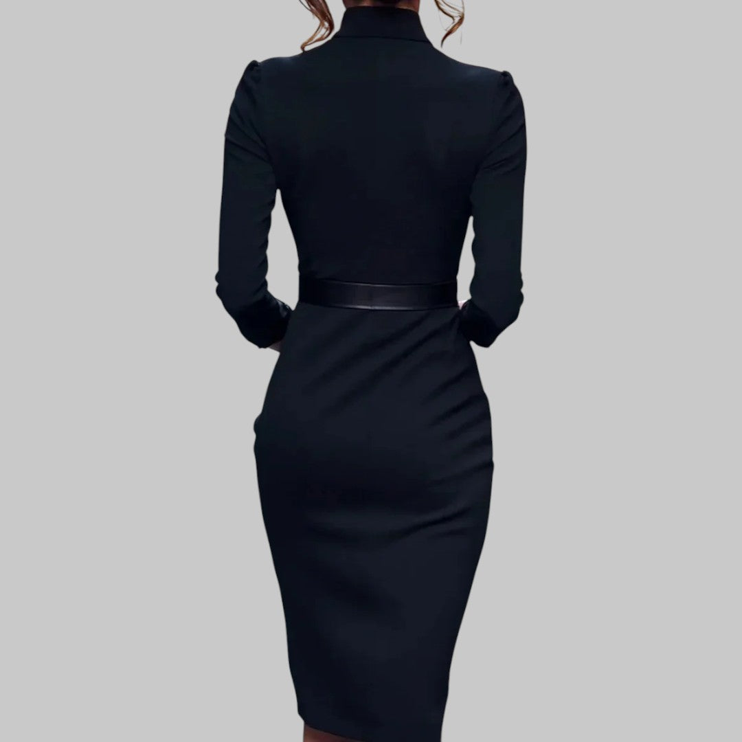 Birgit | Damen Midi-Kleid mit langen Ärmeln und Taillengürtel - Elle Zürich