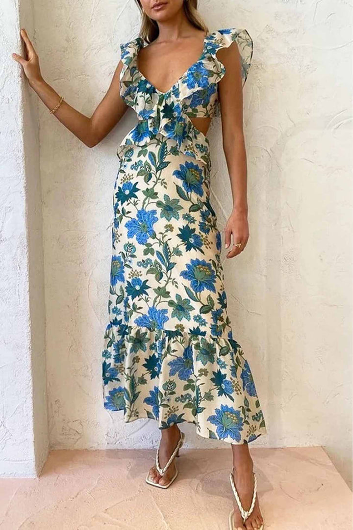 Rita | Damen Floral Elegant Ruffle Maxi Kleid - Elle Zürich