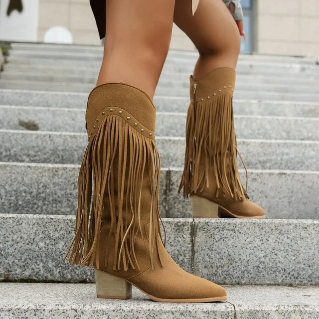 Sabina | Damen Vintage Western Stiefel mit Langen Fransen - Elle Zürich