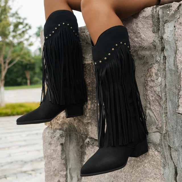 Sabina | Damen Vintage Western Stiefel mit Langen Fransen - Elle Zürich