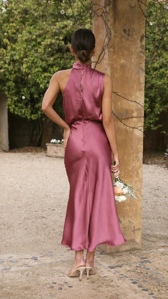 Maya | Women’s Elegant Halter Midi Dress Draped Neckline - Elle Zürich