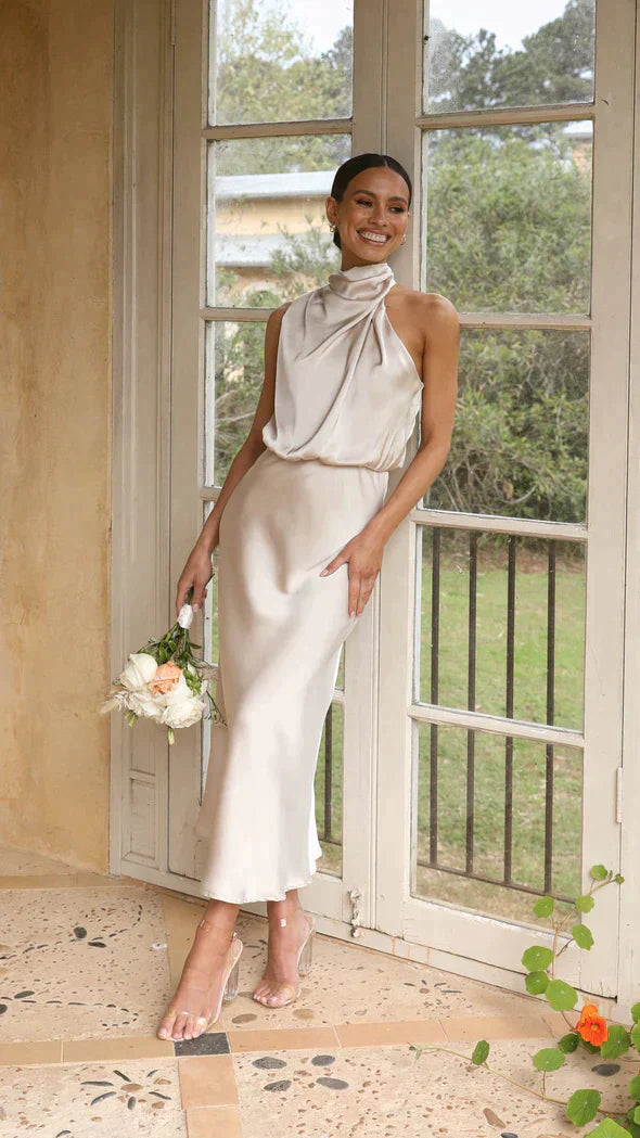 Maya | Women’s Elegant Halter Midi Dress Draped Neckline - Elle Zürich