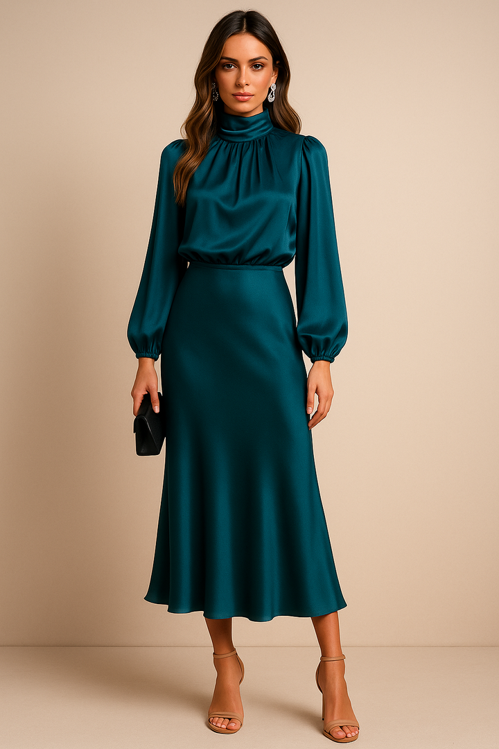 Petra | Damen Langarm Midi-Kleid mit hohem Kragen - Elle Zürich