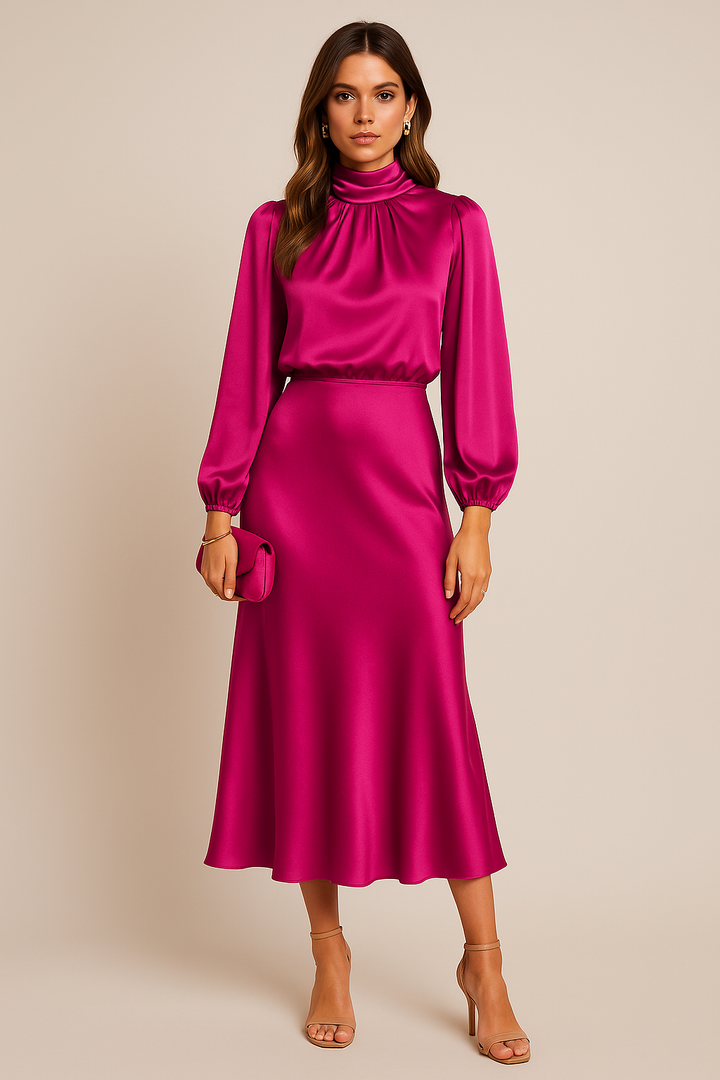 Petra | Damen Langarm Midi-Kleid mit hohem Kragen - Elle Zürich