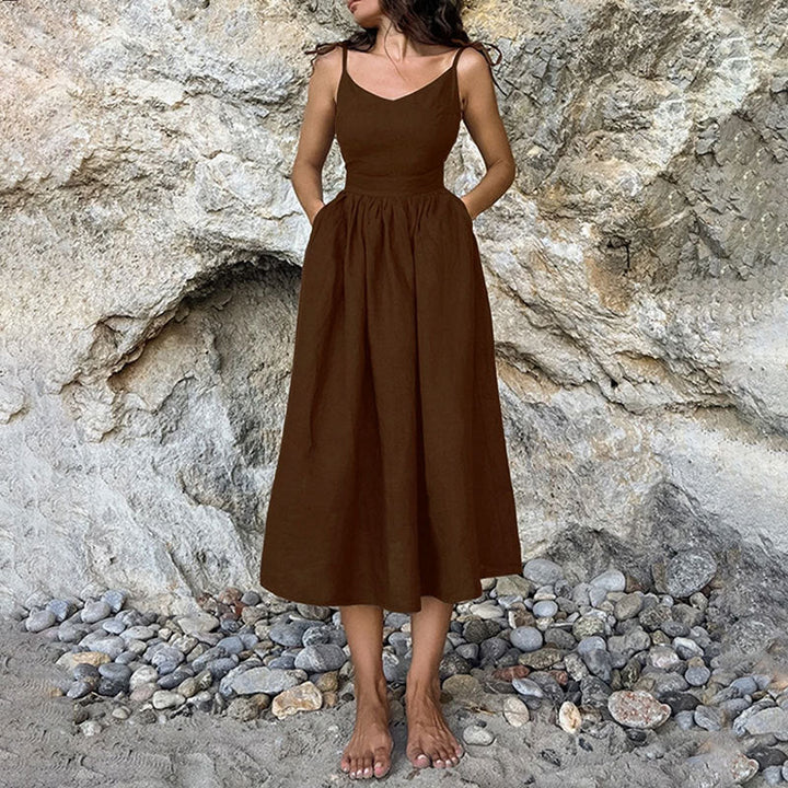 Michelle | Women’s Midi Dress V Neck Open Back Slit - Elle Zürich