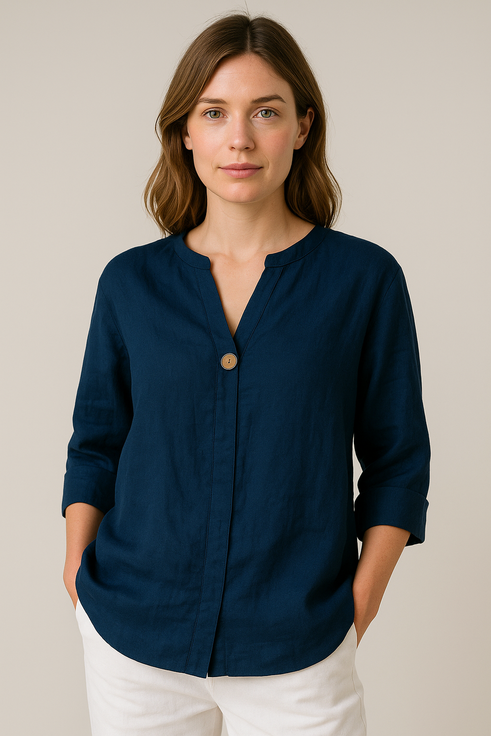 Elizabeth | Women’s V-Neck Button Detail Relaxed Blouse - Elle Zürich