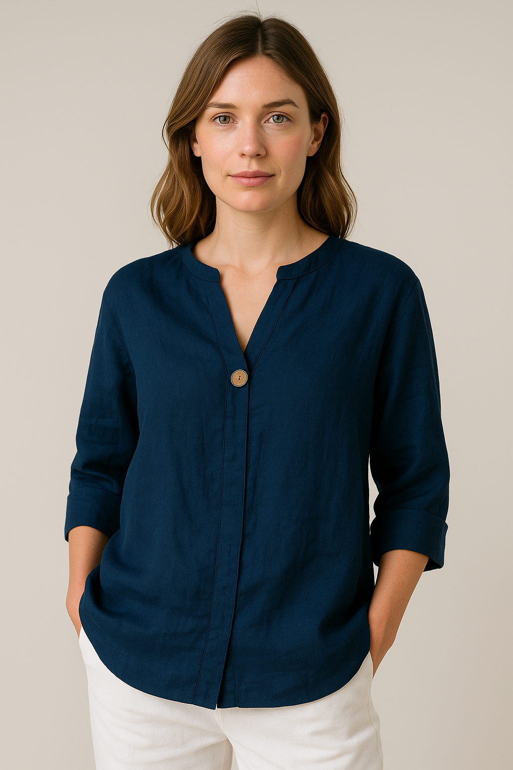 Elizabeth | Women’s V-Neck Button Detail Relaxed Blouse - Elle Zürich