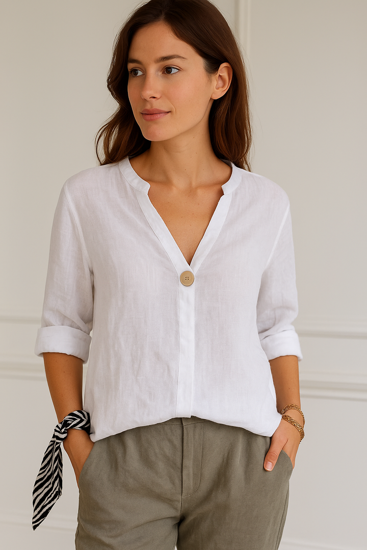 Elizabeth | Women’s V-Neck Button Detail Relaxed Blouse - Elle Zürich