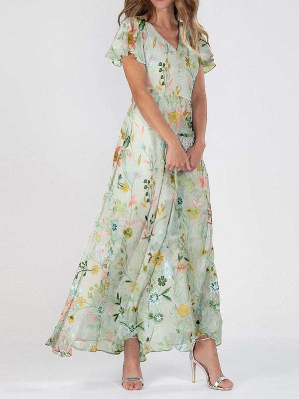 Daniela | Damen Maxi-Kleid mit Blumenmuster und V-Ausschnitt - Elle Zürich