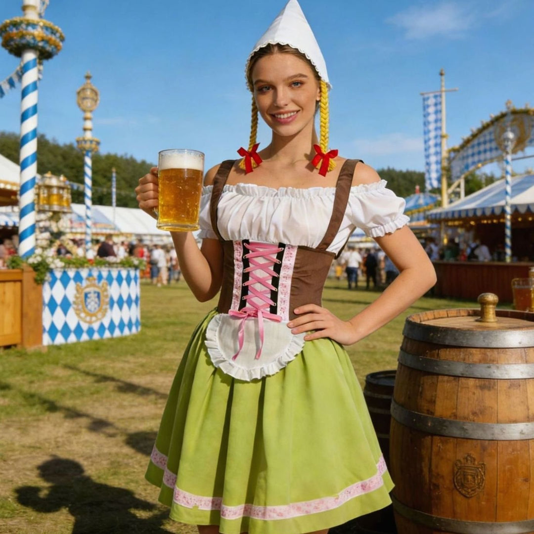 Damen Oktoberfest Dirndl Kleiderschurz mit Schürze Zipfelmütze
