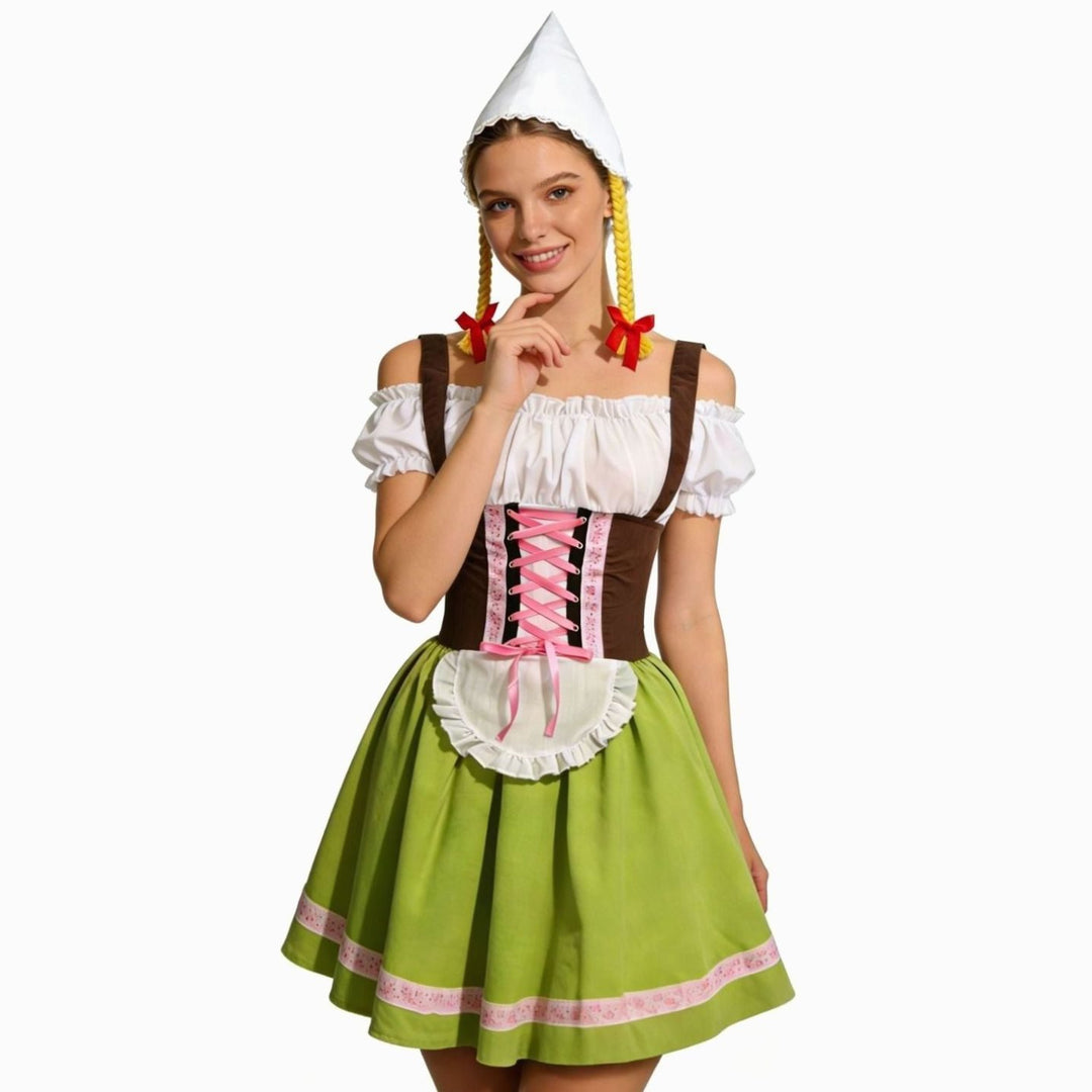 Damen Oktoberfest Dirndl Kleiderschurz mit Schürze Zipfelmütze