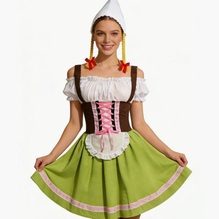 Damen Oktoberfest Dirndl Kleiderschurz mit Schürze Zipfelmütze