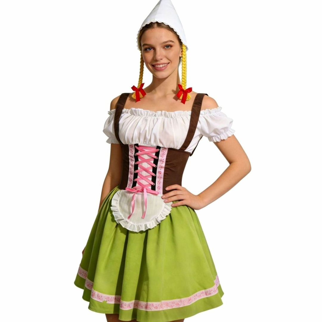 Damen Oktoberfest Dirndl Kleiderschurz mit Schürze Zipfelmütze