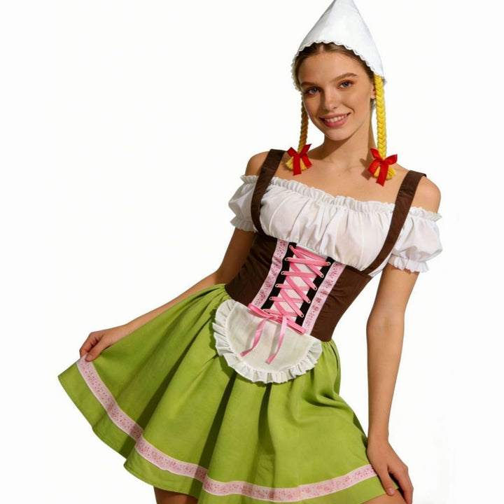 Damen Oktoberfest Dirndl Kleiderschurz mit Schürze Zipfelmütze
