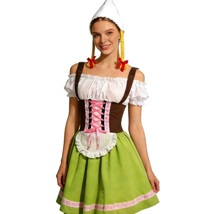 Damen Oktoberfest Dirndl Kleiderschurz mit Schürze Zipfelmütze
