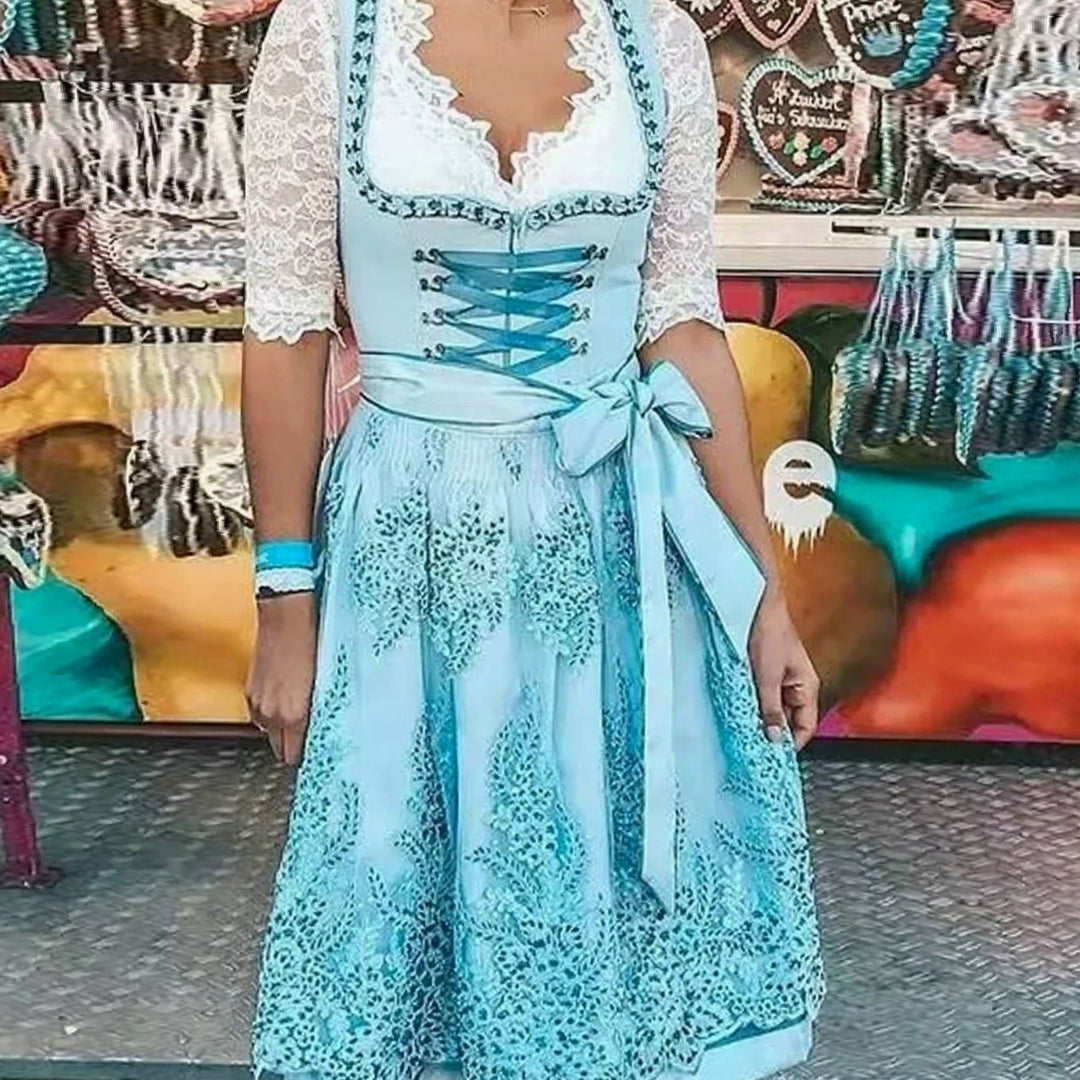 Damen Oktoberfest Dirndl Spitzenkleid Midi Schnürung
