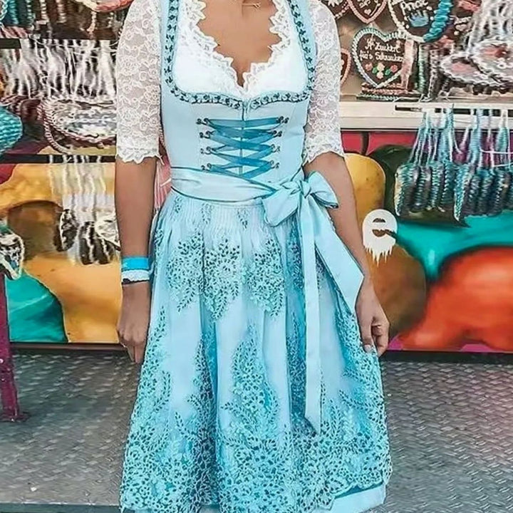 Damen Oktoberfest Dirndl Spitzenkleid Midi Schnürung