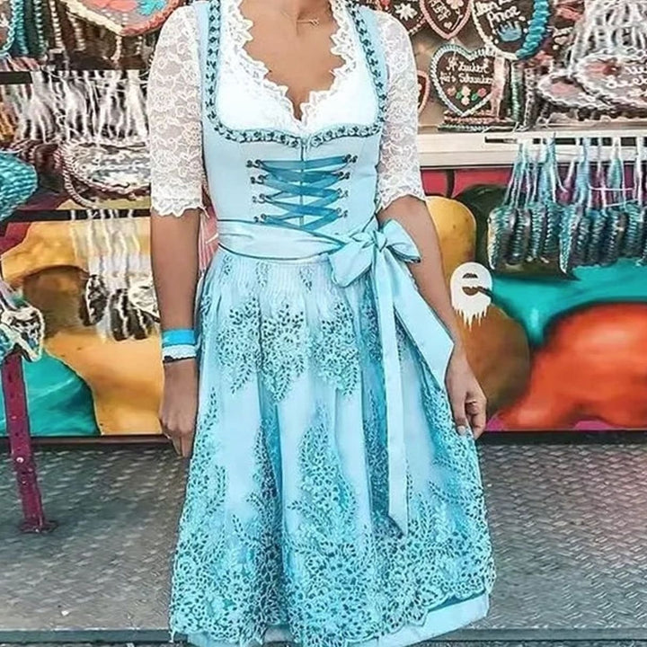 Damen Oktoberfest Dirndl Spitzenkleid Midi Schnürung