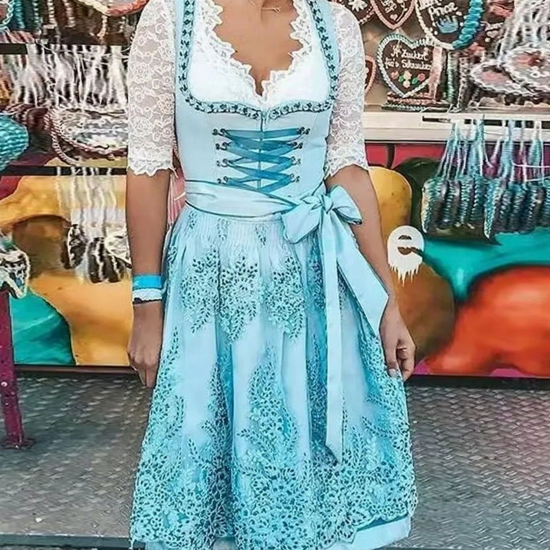 Damen Oktoberfest Dirndl Spitzenkleid Midi Schnürung - Hellgrün