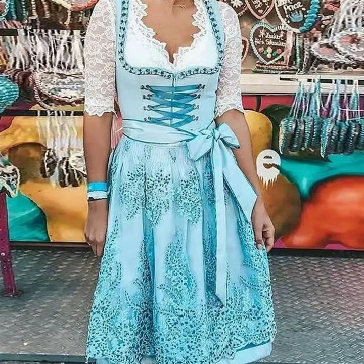 Damen Oktoberfest Dirndl Spitzenkleid Midi Schnürung - Hellgrün