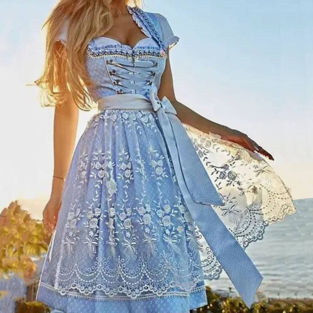 Damen Oktoberfest Dirndl Spitzenkleid Midi Schnürung - Himmelblau