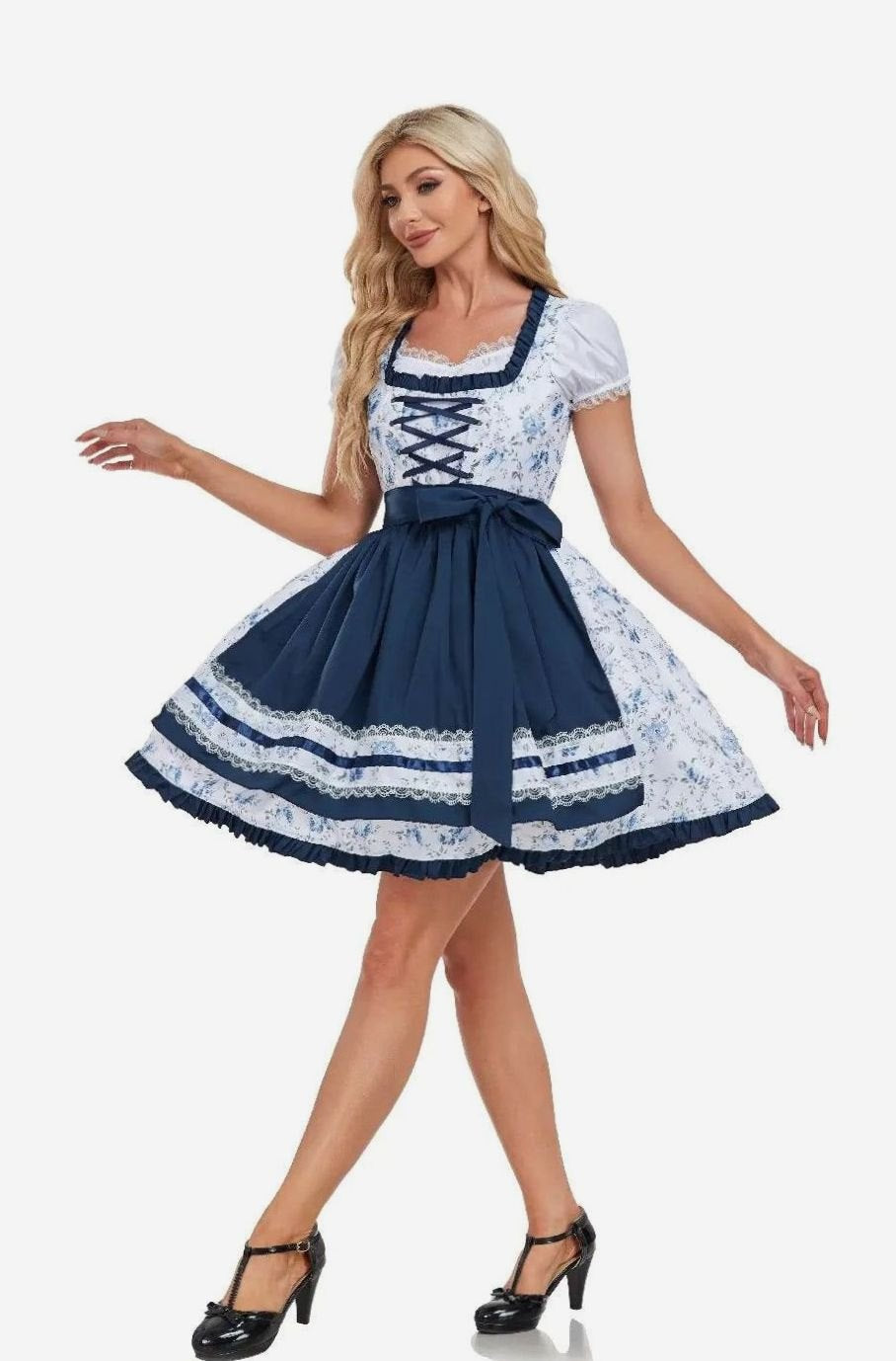 Damen Oktoberfest Dirndlkleid Blumenmuster Kurzes Trachtenkleid Schürze