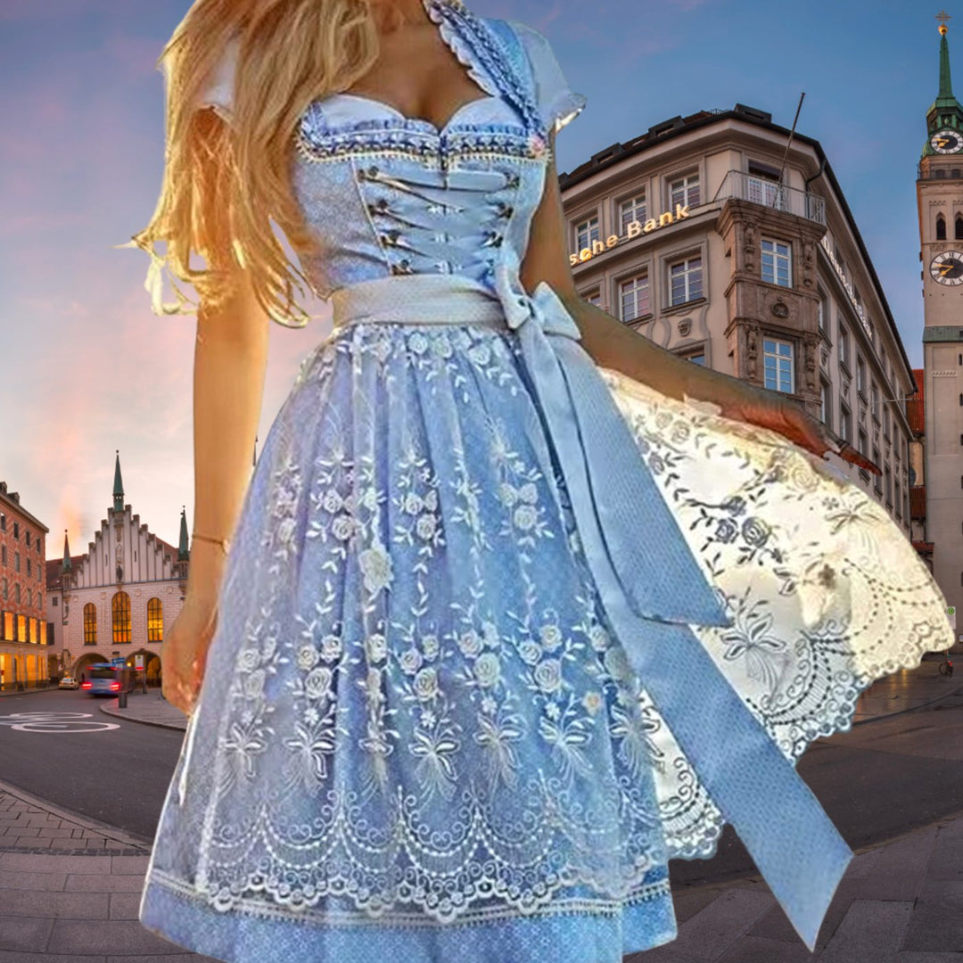Damen Oktoberfest Dirndlkleid Hellblau Spitzenschürze Schnürung