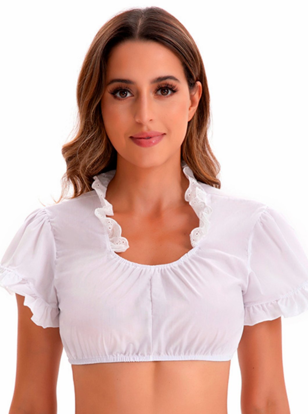 Damen Oktoberfest Spitzen-Crop-Bluse V-Ausschnitt Tracht - Weiß