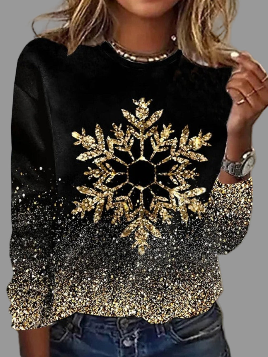 Katharina | Damen Weihnachts-Pullover mit goldenen Schneeflocken - Elle Zürich