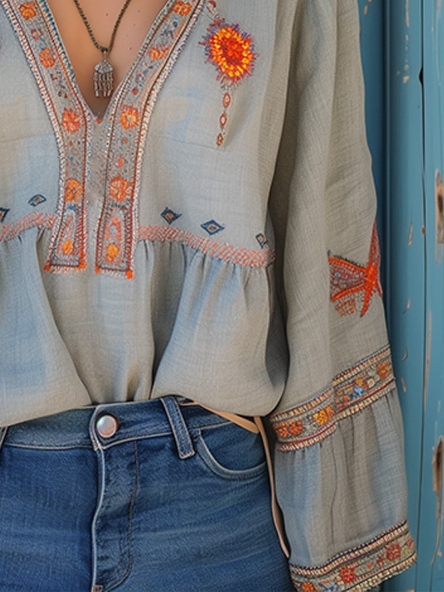 Yvonne | Damen Boho-Bluse mit Stickerei und V-Ausschnitt - Elle Zürich