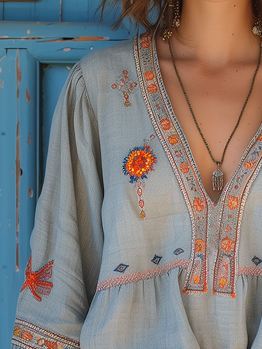Yvonne | Damen Boho-Bluse mit Stickerei und V-Ausschnitt - Elle Zürich