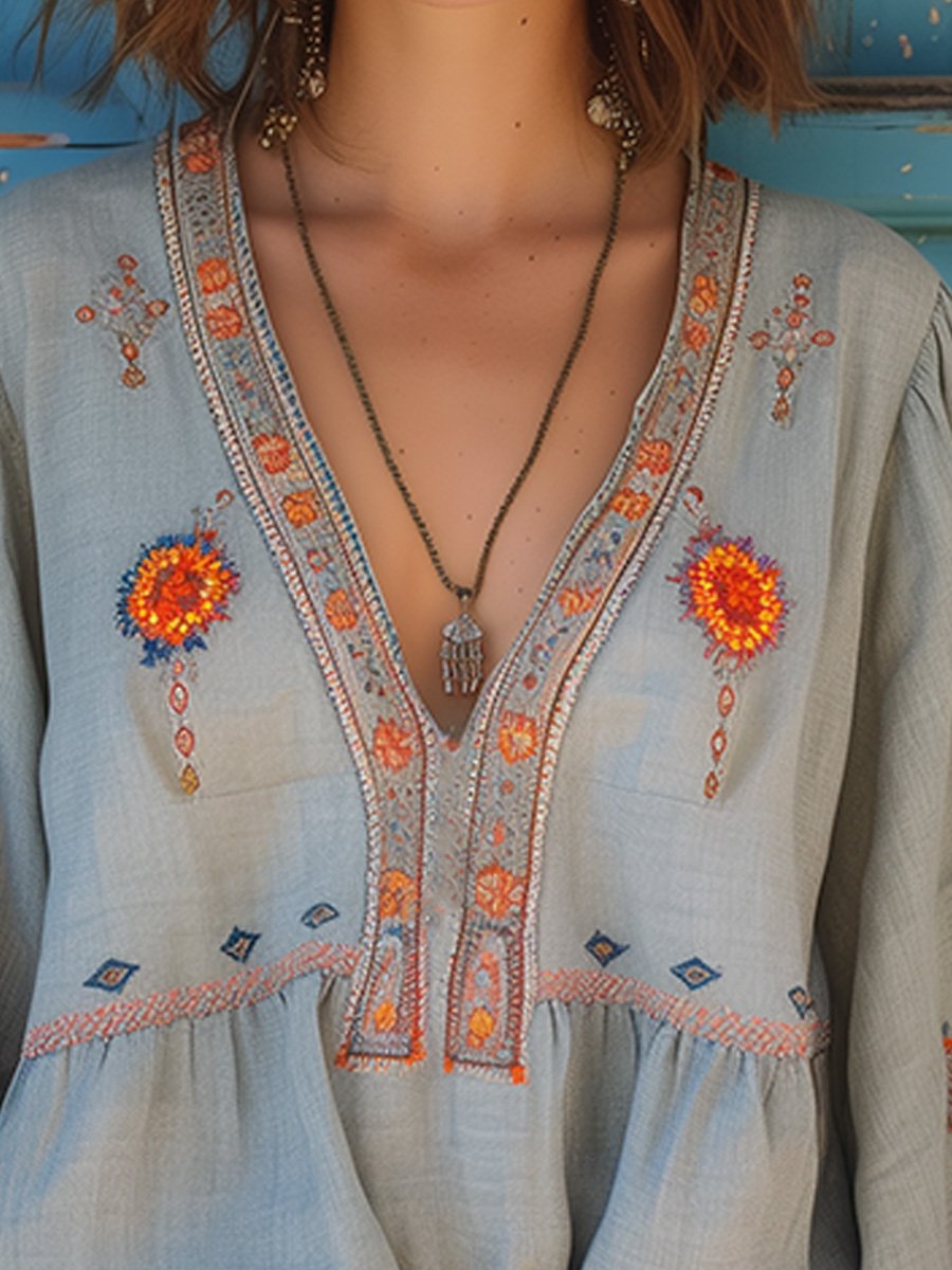 Yvonne | Damen Boho-Bluse mit Stickerei und V-Ausschnitt - Elle Zürich