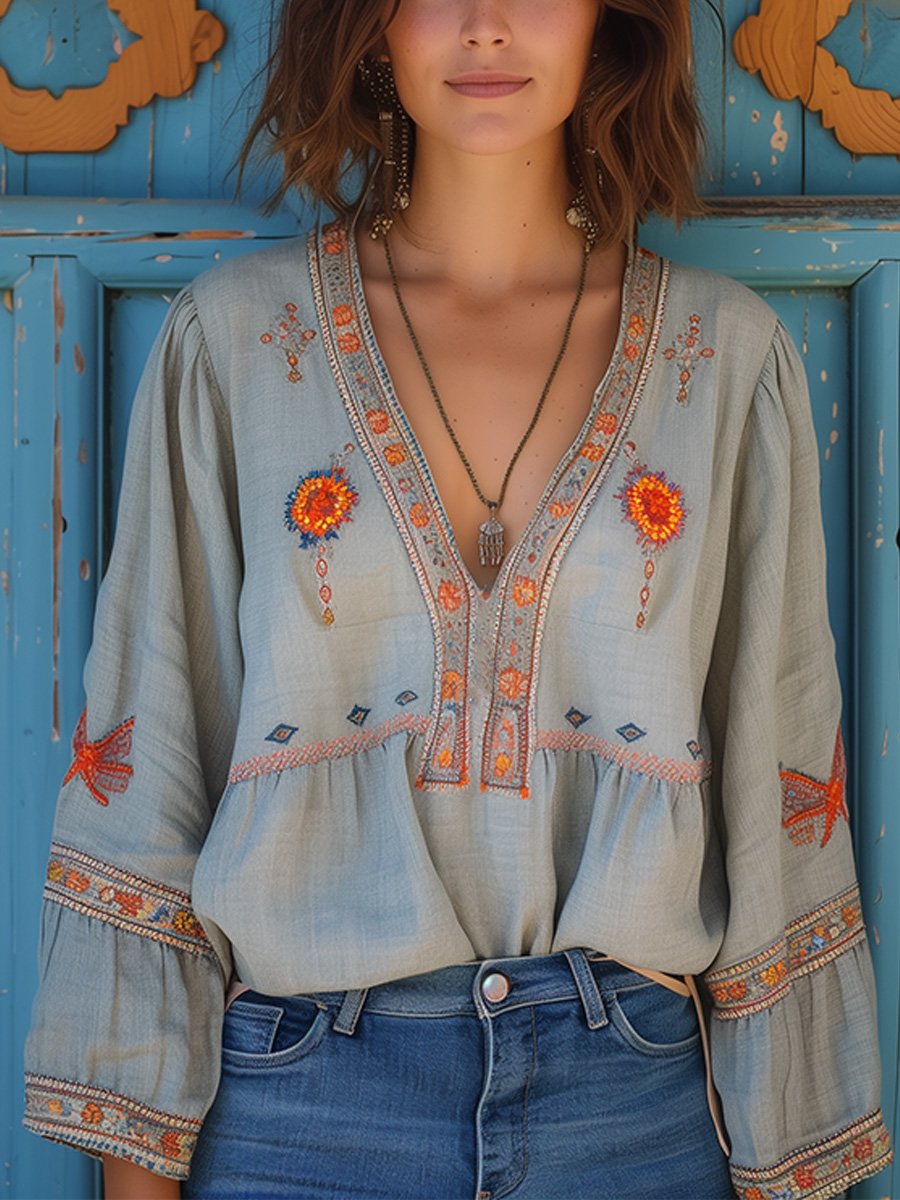 Yvonne | Damen Boho-Bluse mit Stickerei und V-Ausschnitt - Elle Zürich